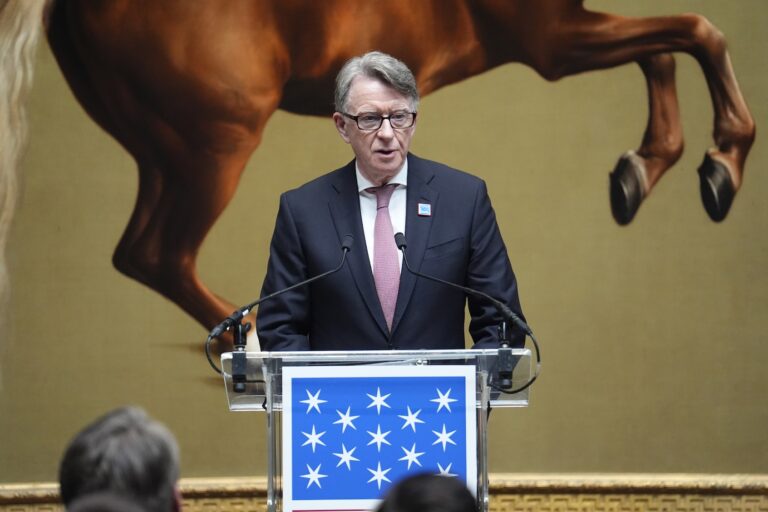 Former UK Ambassador to the US, Lord Peter Mandelson, speaking during a ceremony at the National Gallery, central London, as the statue of George Washington is returned after undergoing restoration. Picture date: Wednesday June 18, 2025. (Photo by Jordan Pettitt/Getty Images)
