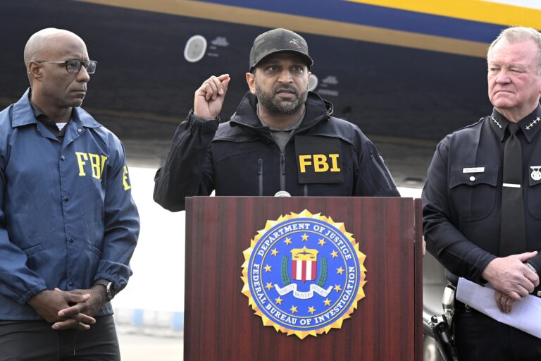 FBI Director Kash Patel, center, speaks during a press conference on the tarmac at Ontario International Airport on Friday, Jan. 23, 2026. (Photo by Will Lester/Getty Images)