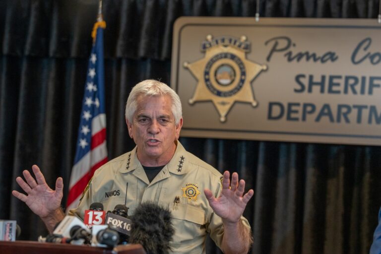 Pima County Sheriff, Chris Nanos, speaks to the media on February 3, 2026 in Tucson, Arizona. He was answering questions about the search for Nancy Guthrie, the missing mother of NBC host Savannah Guthrie. (Photo by Jan Sonnenmair/Getty Images)