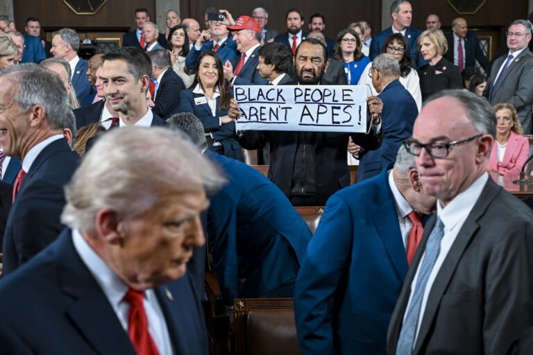 U.S. Rep. Al Green (D-TX) protests as President Donald Trump arrives to deliver the State of the Union address during a joint session of Congress at the Capitol on February 24, 2026 in Washington, DC. Trump delivered his address days after the Supreme Court struck down the administration's tariff strategy, and amid a U.S. military buildup in the Persian Gulf threatening Iran. (Photo by Kenny Holston/Getty Images)