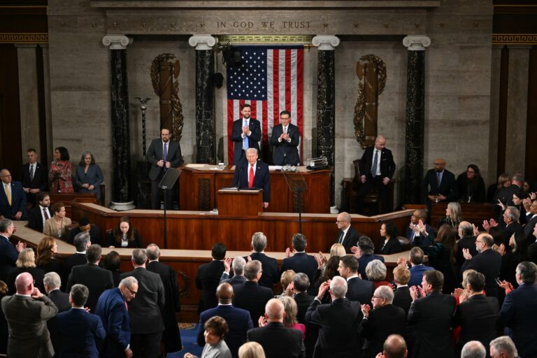 US President Donald Trump concludes his remarks during the State of the Union address in the House Chamber of the US Capitol in Washington, DC, on February 24, 2026. (Photo by ANDREW CABALLERO-REYNOLDS/GETTY IMAGES)