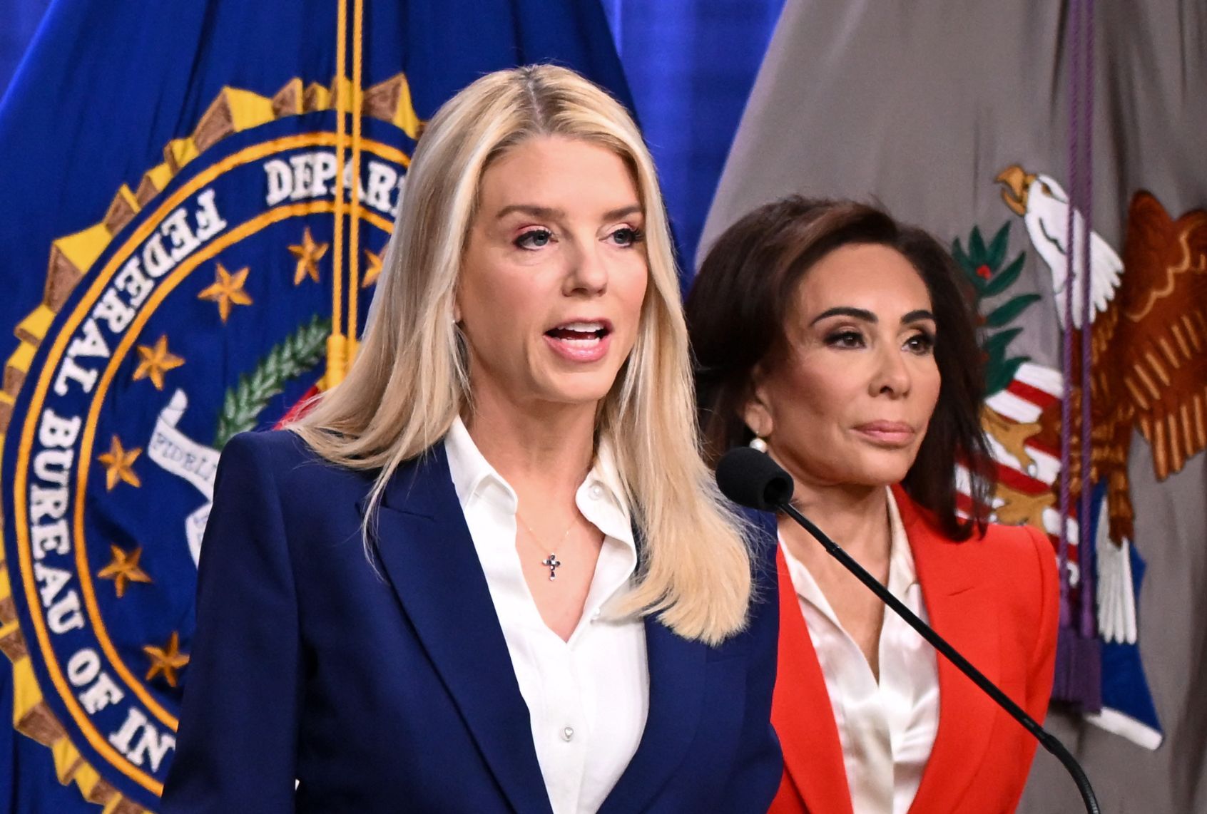Attorney General Pam Bondi and U.S. Attorney for the District of Columbia Jeanine Pirro. (Alex WROBLEWSKI / AFP via Getty Images)