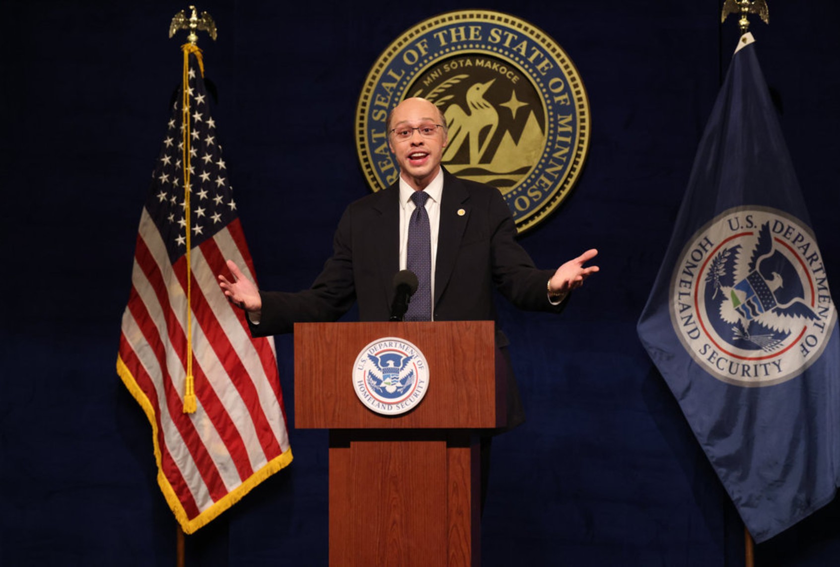 Pete Davidson as Tom Homan during the "ICE Meeting" Cold Open of "Saturday Night Live" (Will Heath/NBC)