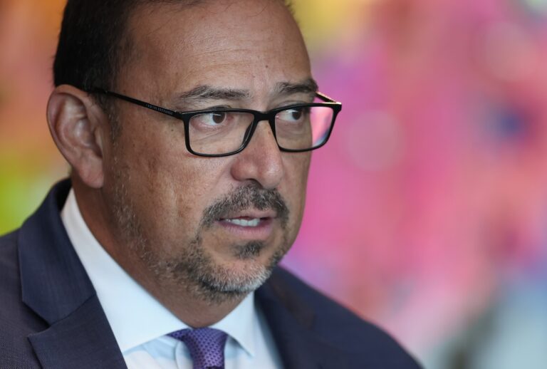 Arizona Secretary Of State Adrian Fontes speaks with the media at the Burton Barr Central Library on November 05, 2024 in Phoenix, Arizona. (Photo by Christian Petersen/Getty Images)