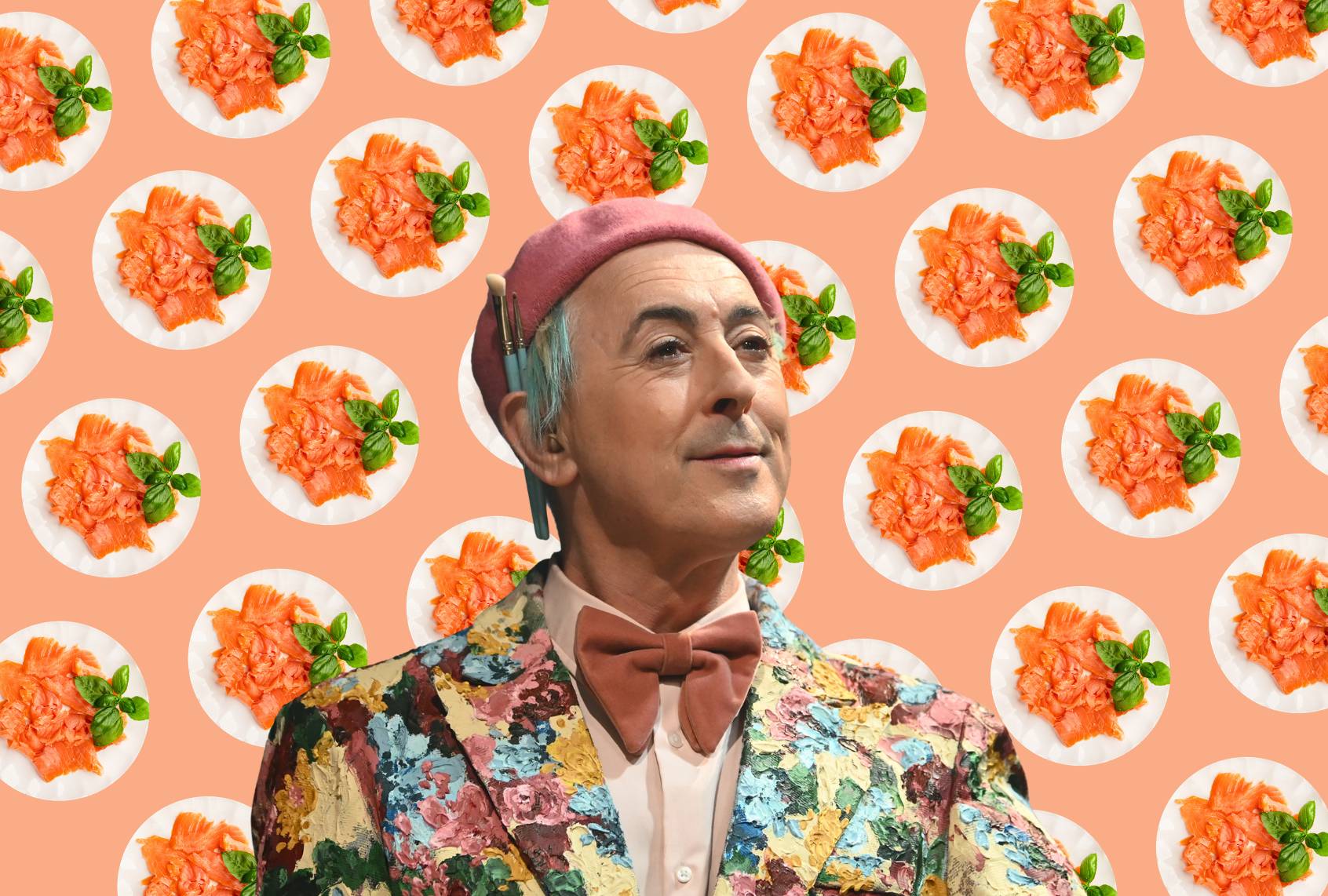 Alan Cumming, host of the U.S. version of “The Traitors,” appears against a backdrop of plated smoked salmon, nodding to the show’s unexpected culinary cameo. (Photo illustration by Salon / NBCUniversal / Getty Images)