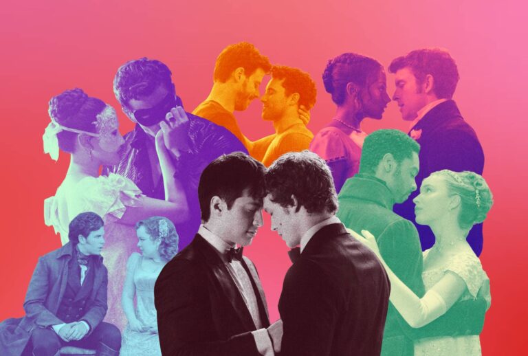 The various couples of "Bridgerton" and "Heated Rivalry" (Photo illustration by Salon / Netflix / HBO Max / Crave)