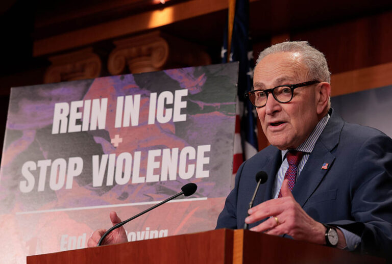Senate Minority Leader Chuck Schumer (D-NY) speaks at a press conference on February 12, 2026 in Washington, DC. (Heather Diehl / Getty Images)