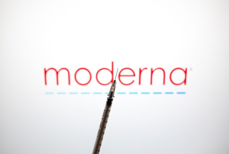 The Moderna logo appears on a laptop computer screen in this photo illustration in Athens, Greece, on February 9, 2026. (Photo Illustration by Nikolas Kokovlis/NurPhoto via Getty Images)