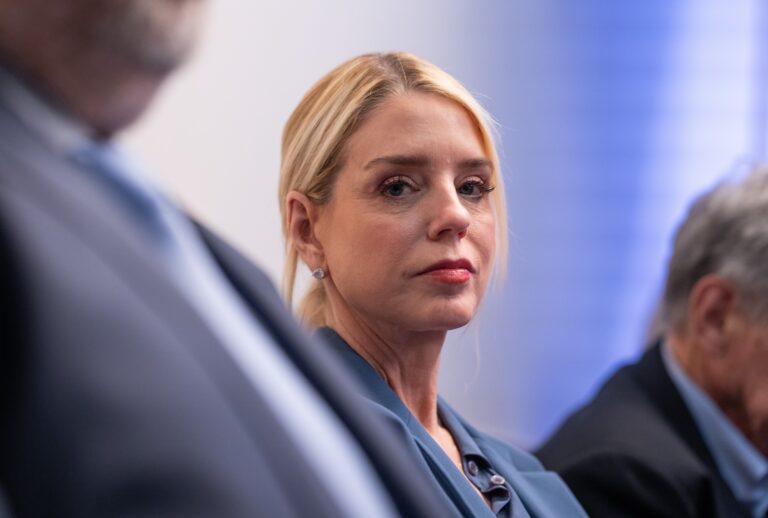 Attorney General Pam Bondi attends a press briefing held at the White House February 20, 2026 in Washington. (Photo by Aaron Schwartz/Getty Images)