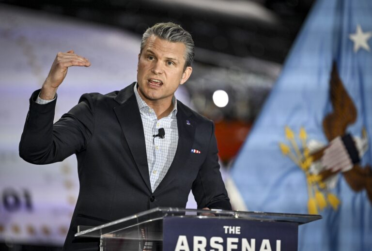 Defense Secretary Pete Hegseth speaks during a visit to Sierra Space in Louisville, Colorado on Monday, February 23, 2026. (Photo by AAron Ontiveroz/The Denver Post via Getty Images)