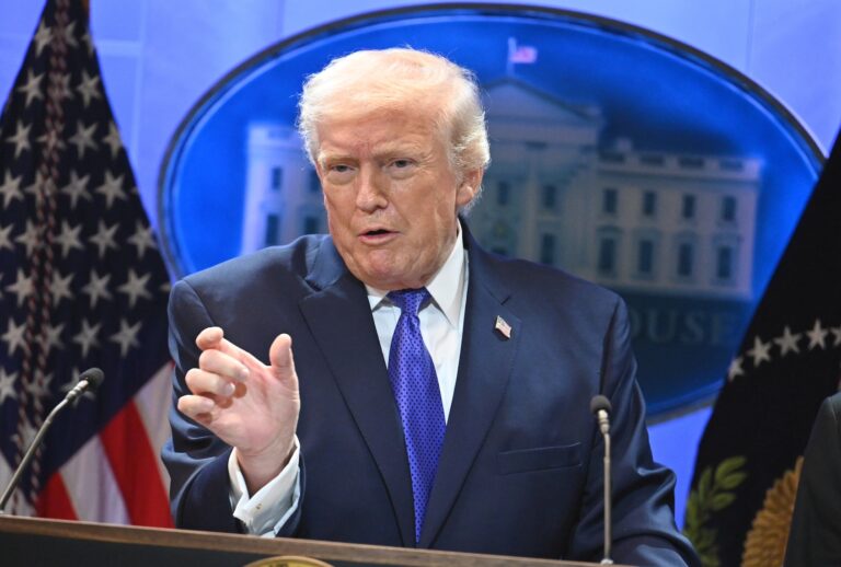 President Trump holds a press briefing on the Supreme Court's decision to strike down his global tariffs on Feb. 20, 2026. (Photo by Chen Mengtong/China News Service/VCG via Getty Images)