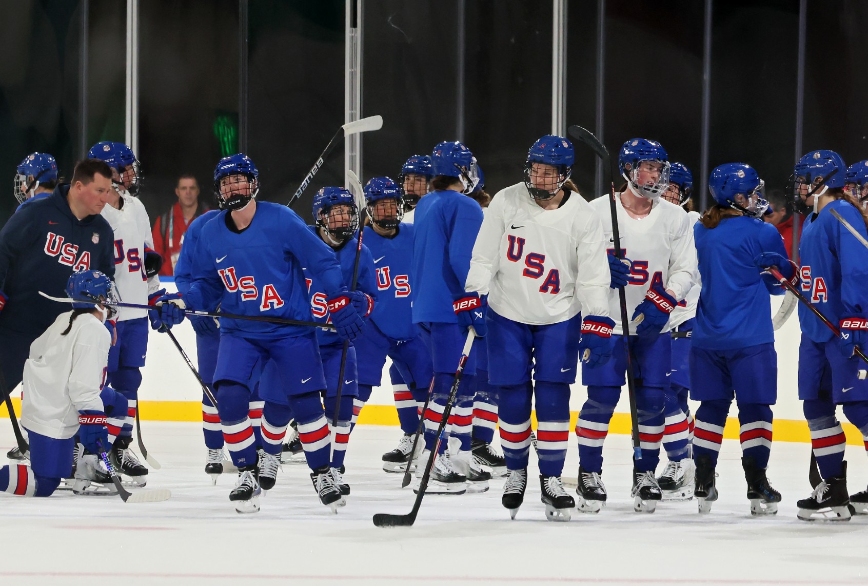 Members of Team United States participate in training on day minus three of the Milano Cortina 2026 Winter Olympic games (Bruce Bennett/Getty Images)