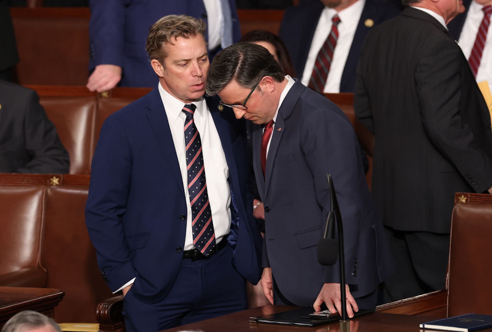 Rep. Andy Ogles, R-Ariz., confers with House Speaker Mike Johnson, R-La. (Win McNamee/Getty Images)