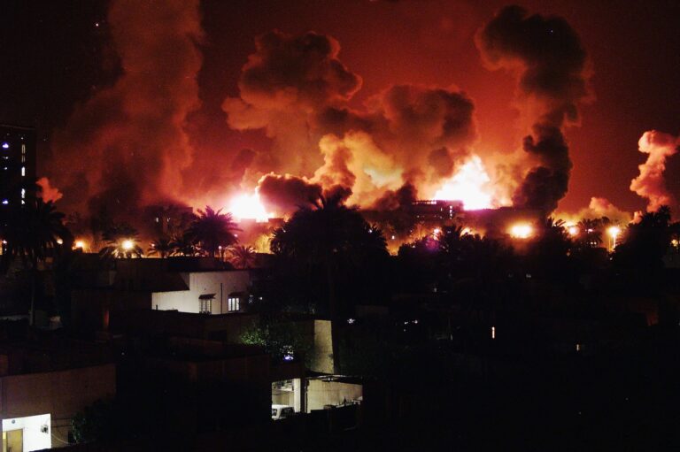 Explosions during the first few minutes of the massive U.S. air attack on Baghdad, March 21, 2003. (Wathiq Khuzaie/Getty Images)
