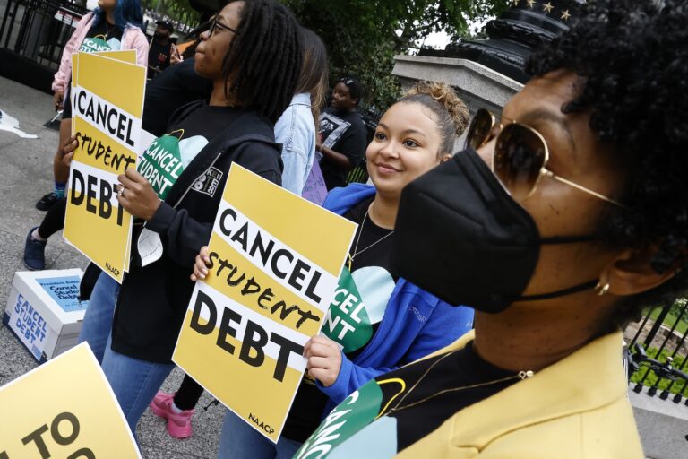 Student loan borrowers gather near The White House to tell President Biden to cancel student debt on May 12, 2020 in Washington, DC. (Photo by Paul Morigi/Getty Images)