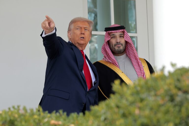 U.S. President Donald Trump gestures as he speaks with Crown Prince and Prime Minister Mohammed bin Salman of Saudi Arabia at the White House on November 18, 2025. (Photo by Chip Somodevilla/Getty Images)