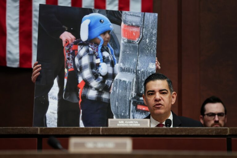 A poster of 5-year-old Liam Conejo Ramos accompanies ranking member Rep. Robert Garcia (D-CA) as he delivers an opening statement during a House Oversight and Government Reform Committee hearing in the U.S. Capitol Building on March 04, 2026. (Photo by Anna Moneymaker/Getty Images)