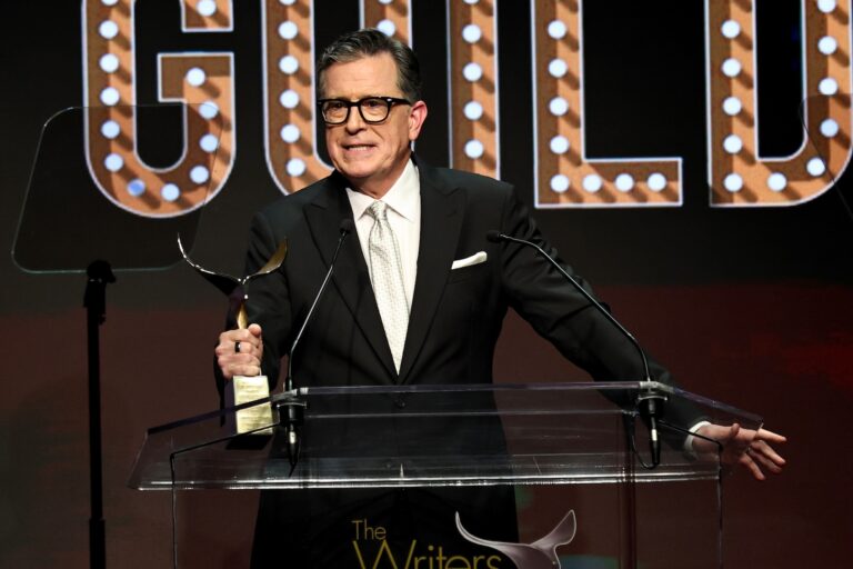 Stephen Colbert speaks during the 2026 Writers Guild Awards New York Ceremony at Edison Ballroom on March 08, 2026 in New York City. (Photo by Jamie McCarthy/Getty Images for Writers Guild of America East)