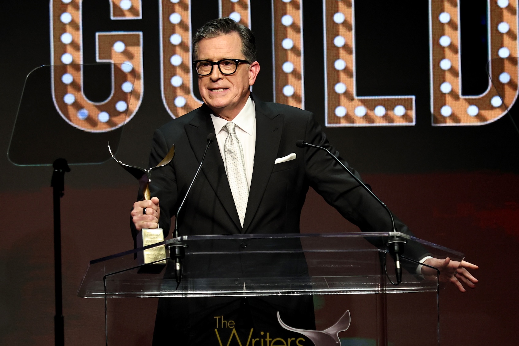 Stephen Colbert speaks during the 2026 Writers Guild Awards New York Ceremony at Edison Ballroom on March 08, 2026 in New York City. (Photo by Jamie McCarthy/Getty Images for Writers Guild of America East)