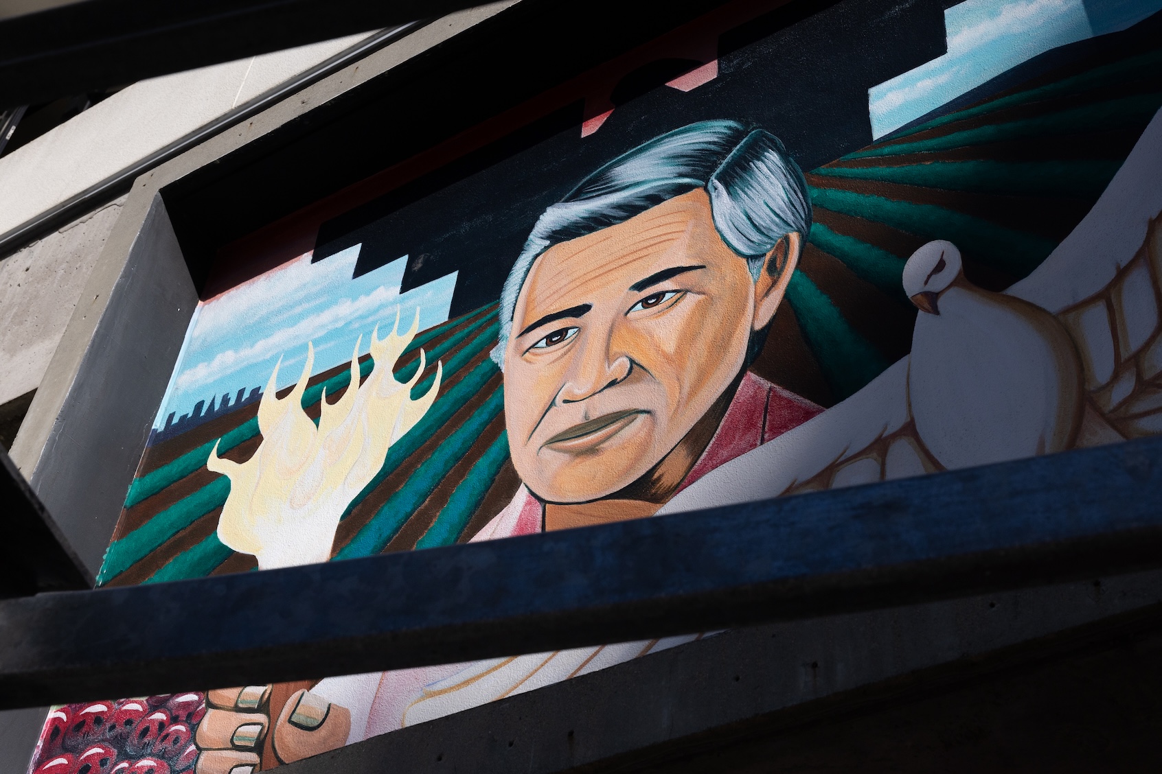 A mural of Cesar Chavez is displayed at San Francisco State University on March 18, 2026 in San Francisco, California. Labor activist Cesar Chavez has been accused in an investigation of sexual abuse of women and minors. (Photo by Benjamin Fanjoy/Getty Images)