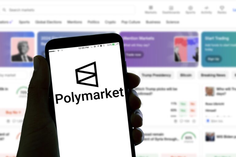 In this photo illustration, the Polymarket online betting app logo is seen displayed on a smartphone screen. (Photo Illustration by Davide Bonaldo/SOPA Images/LightRocket via Getty Images)