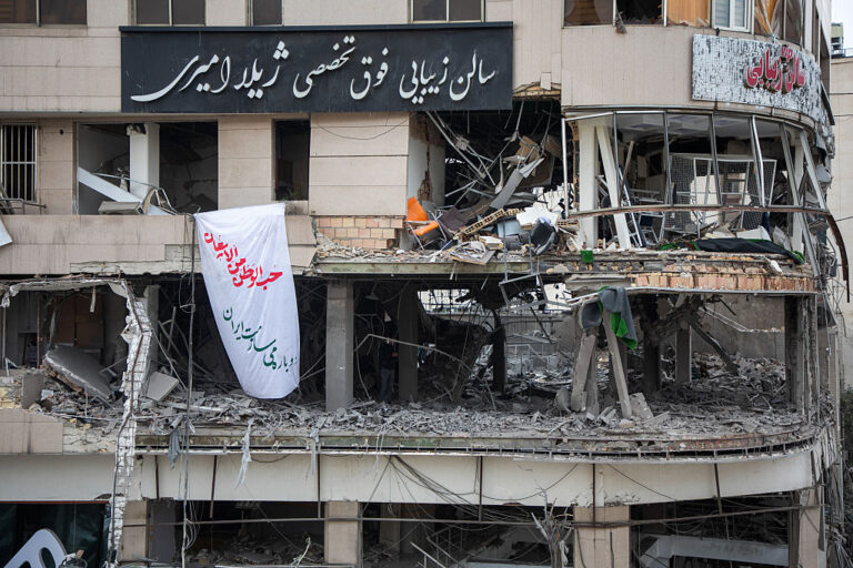 A building in Tehran's commercial district is in ruins due to recent Israel-US strikes in the city. (Majid Saeedi / Getty Images)