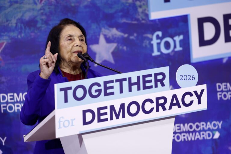 Dolores Huerta, labor leader, civil rights activist and co-founder of United Farm Workers, speaks during Together for Democracy 2026, Jan. 29, 2026, in Washington, D.C. (Paul Morigi/Getty Images for Democracy Forward)