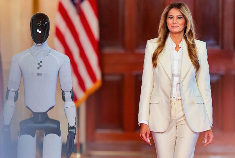 First Lady Melania Trump is accompanied at the White House by Figure 03, a humanoid robot during the Fostering the Future Together Global Coalition Summit. (Heather Diehl/Getty Images)