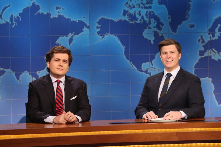 Jeremy Culhane as Tucker Carlson, and anchor Colin Jost during Weekend Update on Saturday, March 14, 2026. (Photo by Will Heath/NBC)