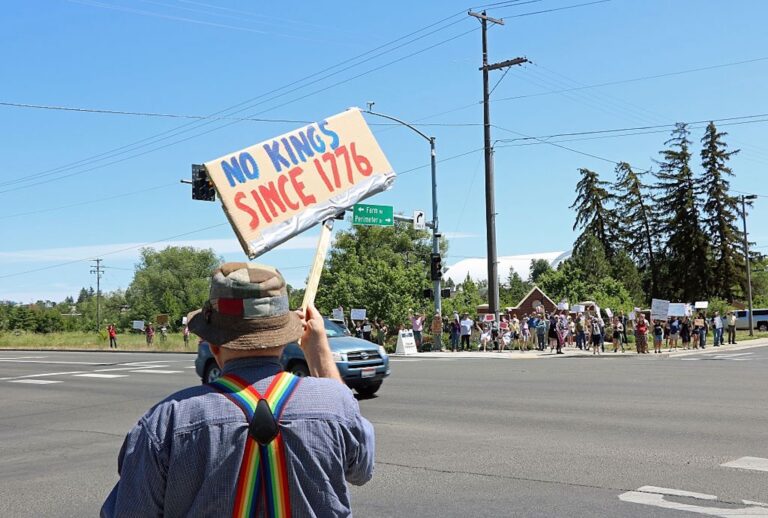 A protester joins the "No Kings" rally in Moscow, Idaho, in June 2025. (Don and Melinda Crawford/UCG/Universal Images Group via Getty Images)