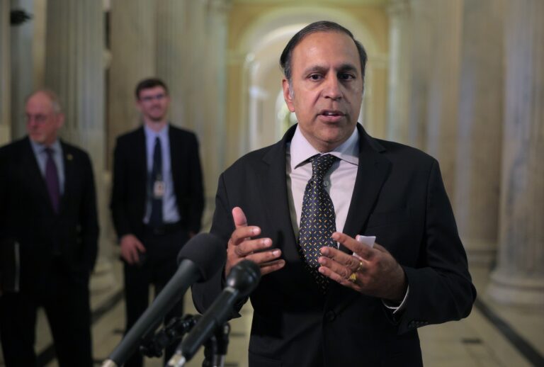 House Oversight and Government Reform Committee member Rep. Raja Krishnamoorthi (D-IL) talks to reporters after meeting with some of Jeffrey Epstein's accusers at the U.S. Capitol on September 02, 2025 in Washington, DC. (Photo by Chip Somodevilla/Getty Images)
