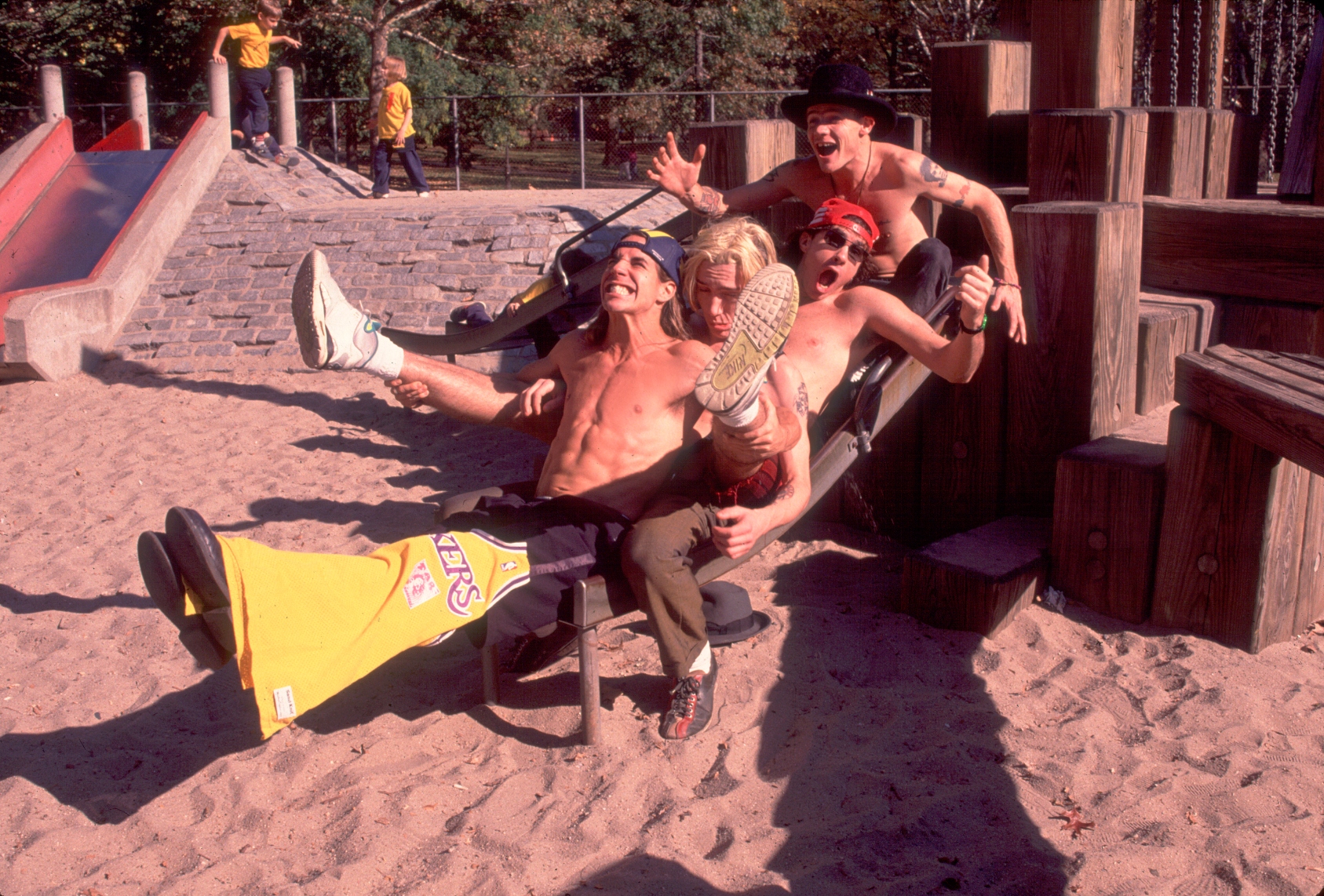 Anthony Kiedis, Chad Smith, John Fruscianti and Flea of the Red Hot Chili Peppers in Central Park in New York, New York, October 28, 1989.