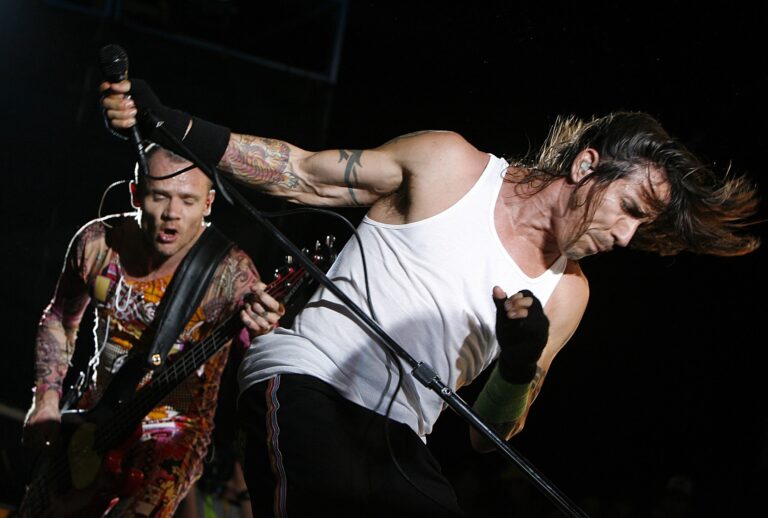 Flea and Anthony Kiedis  perform at Charlotte Motor Speedway in Charlotte, North Carolina in May 20, 2006. (Kevin C. Cox/Getty Images)