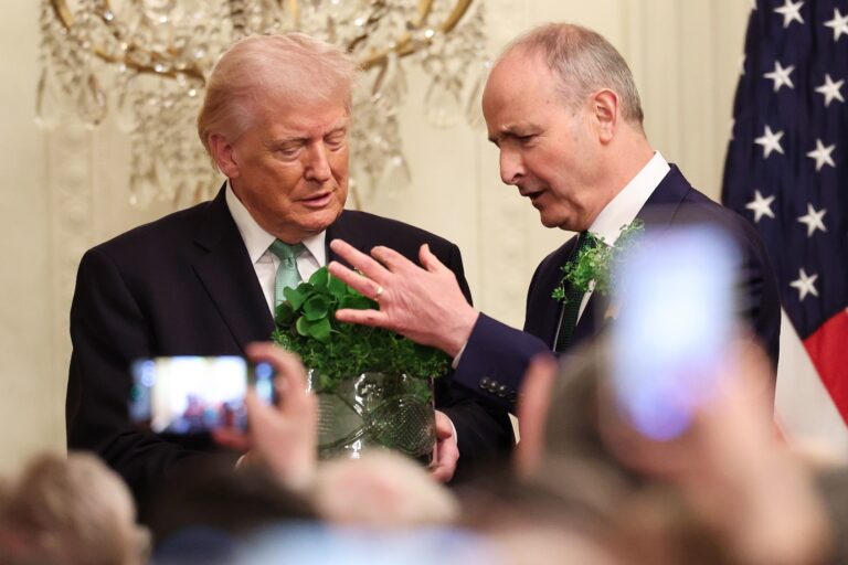 President Donald Trump receives the traditional bowl of shamrock from Taoiseach of Ireland Micheál Martin in the East Room of the White House, March 17, 2026. (Win McNamee/Getty Images)