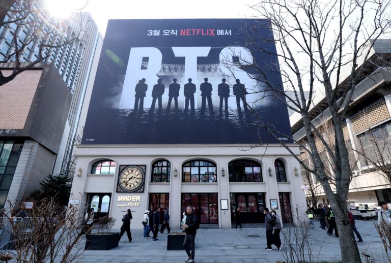 A sign board promoting a comeback concert of K-pop boy group BTS is seen near Gwanghwamun Square on March 20, 2026 in Seoul, South Korea (Chung Sung-Jun/Getty Images)