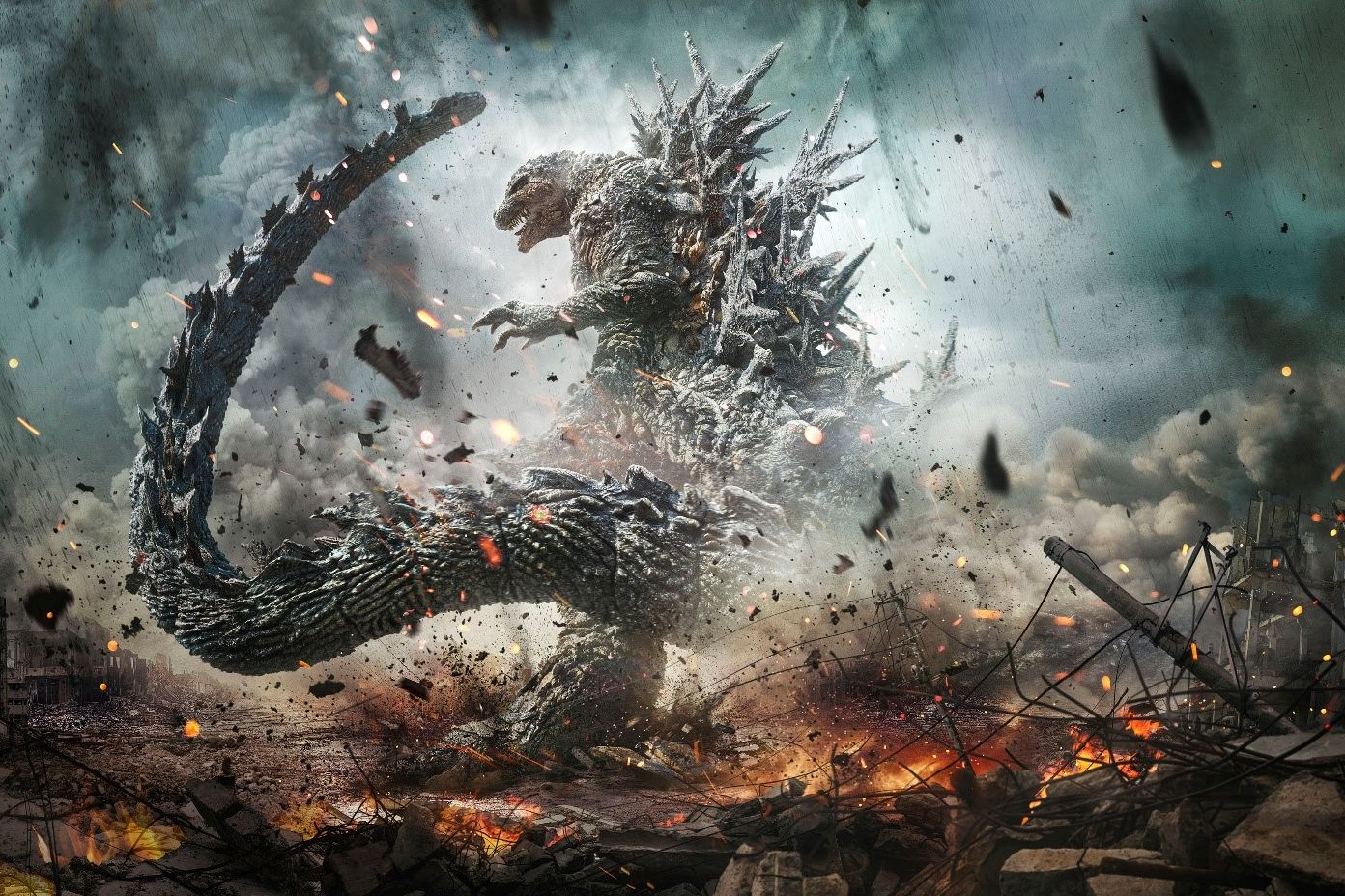 A photo from the movie "Godzilla Minus One" in which a giant dinosaur-like creature with spines and a huge lashing tail wreaks havoc as smoke, fires and debris fills the air