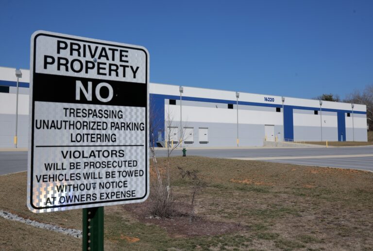 A warehouse purchased by the Department of Homeland Security that is slated to become an immigration detention facility is seen on March 10, 2026 in Williamsport, Maryland. DHS spent $102.4 million earlier this year to buy the 830,000-square foot warehouse in an industrial park "to provide short-term housing for individuals in immigration custody awaiting immigration processing and related administrative procedures," according to a DHS notice. (Photo by Chip Somodevilla/Getty Images)