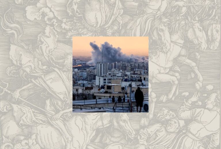 Residents watch from a rooftop as smoke rises over Tehran following a strike on March 3, 2026, with an illustration of the Four Horsemen of the Apocalypse faintly layered in the background. (Illustration by Salon / Getty Images / ATTA KENARE / Public Domain)