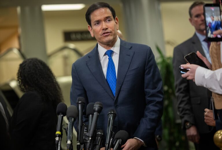Secretary of State Marco Rubio speaks to reporters ahead of a briefing by Trump administration officials to members of the Senate on U.S. strikes on Iran, at the U.S. Capitol in Washington, DC on March 3, 2026. (Photo by Nathan Posner/Anadolu via Getty Images)