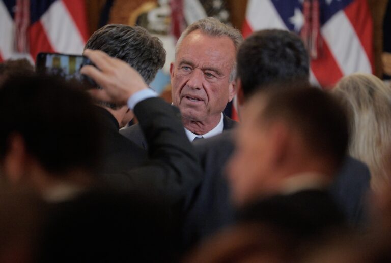 Health and Human Services Secretary Robert F. Kennedy Jr. talks to guests following an event to release the new Make America Healthy Again Commission report in the East Room of the White House on May 22, 2025 in Washington, DC. (Photo by Chip Somodevilla/Getty Images)