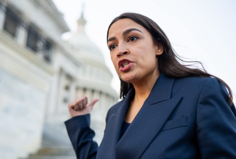 Rep. Alexandria Ocasio-Cortez, D-N.Y., speaks with reporters on the House steps after a vote on Tuesday, April 14, 2026. (Bill Clark/CQ-Roll Call, Inc via Getty Images)