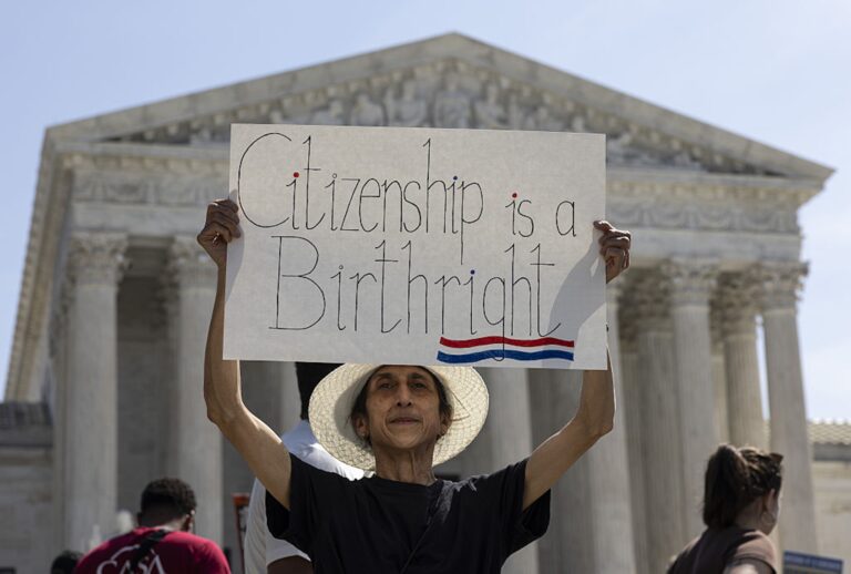Demonstrators rally in support of birthright citizenship outside the Supreme Court (Mehmet Eser/Anadolu via Getty Images)