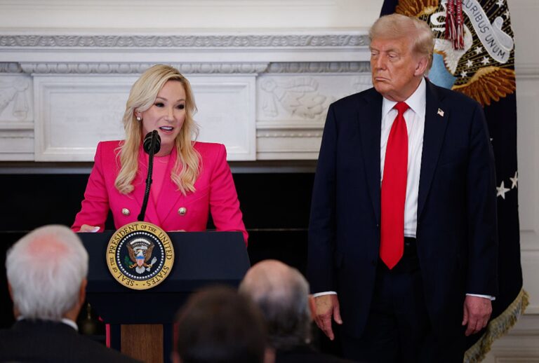 President Donald Trump with Paula White, an evangelical leader who has compared him to Jesus Christ (Kevin Dietsch/Getty Images)