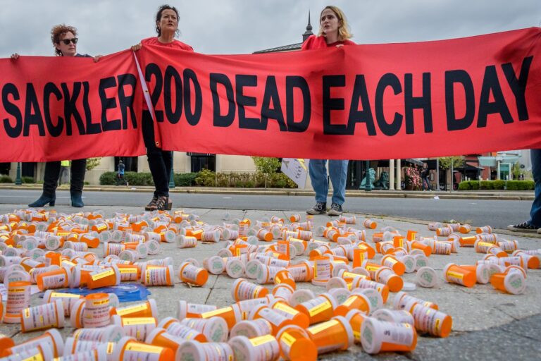 Members of P.A.I.N. (Prescription Addiction Intervention Now) and Truth Pharm staged a protest on September 12, 2019 outside Purdue Pharma headquarters in Stamford. (Photo by Erik McGregor/Getty Images)