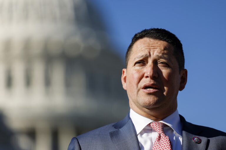 U.S. Rep. Tony Gonzales (R-TX) speaks alongside U.S. Rep. Marjorie Taylor Greene (R-GA) at a news conference on border security outside of the U.S. Capitol Building on November 14, 2023 in Washington, DC. The House Republicans spoke to reporters about the tabled impeachment motion for U.S. Homeland Security Secretary Alejandro Mayorkas and the southern border.  (Photo by Anna Moneymaker/Getty Images)