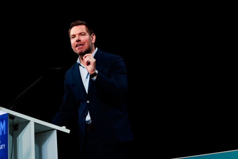 Eric Swalwell delivers remarks during the California Democratic Party convention at Moscone Center in San Francisco on Saturday, February 21, 2026. (Photo by Yalonda M. James/Getty Images)