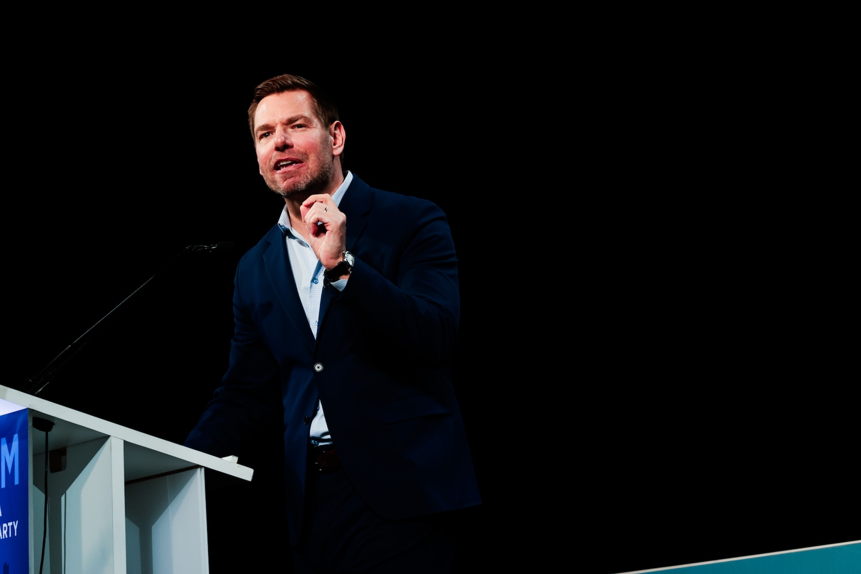 Eric Swalwell delivers remarks during the California Democratic Party convention at Moscone Center in San Francisco on Saturday, February 21, 2026. (Photo by Yalonda M. James/Getty Images)