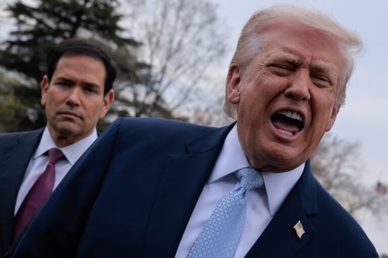 U.S. President Donald Trump speaks to reporters as he and Secretary of State Marco Rubio (L) depart the White House on their way to Florida on March 20, 2026 in Washington, DC. Trump is spending the weekend at his private Mar-a-Lago Club. (Photo by Chip Somodevilla/Getty Images)