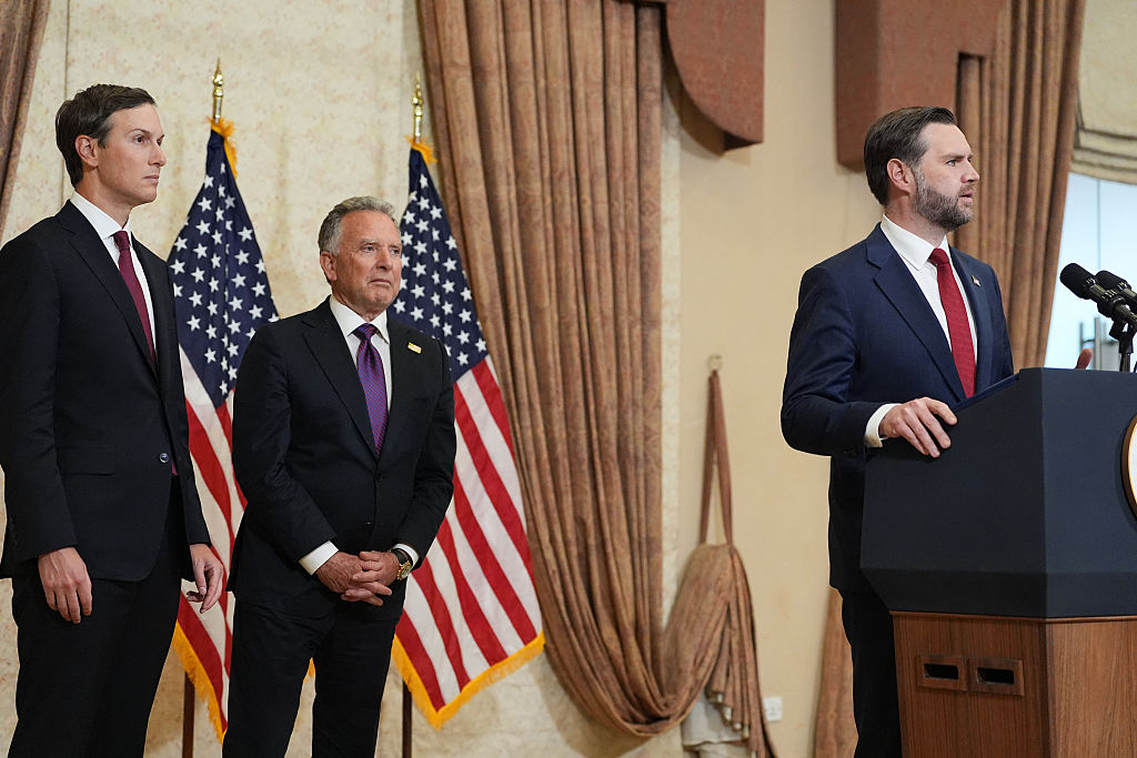 Vice President JD Vance (R) speaks at a new conference following failing to reach a ceasefire agreement in the Iran War. Jared Kushner (L) and Steve Witkoff also attended the peace talks on behalf of the U.S. (JACQUELYN MARTIN / Getty Images)
