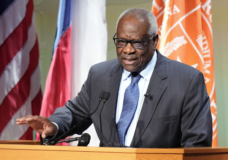 Clarence Thomas speaks at a special lecture for America's 250th anniversary, His comments about progressivism being the root of authoritarianism has sparked controversy with historians. (Jay Janner / The Austin American-Statesman / Getty Images)